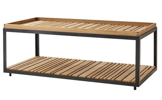 CANE-LINE LEVEL COFFEE TABLE, LAVA GREY ALUMINUM/TEAK TOP AND SHELF